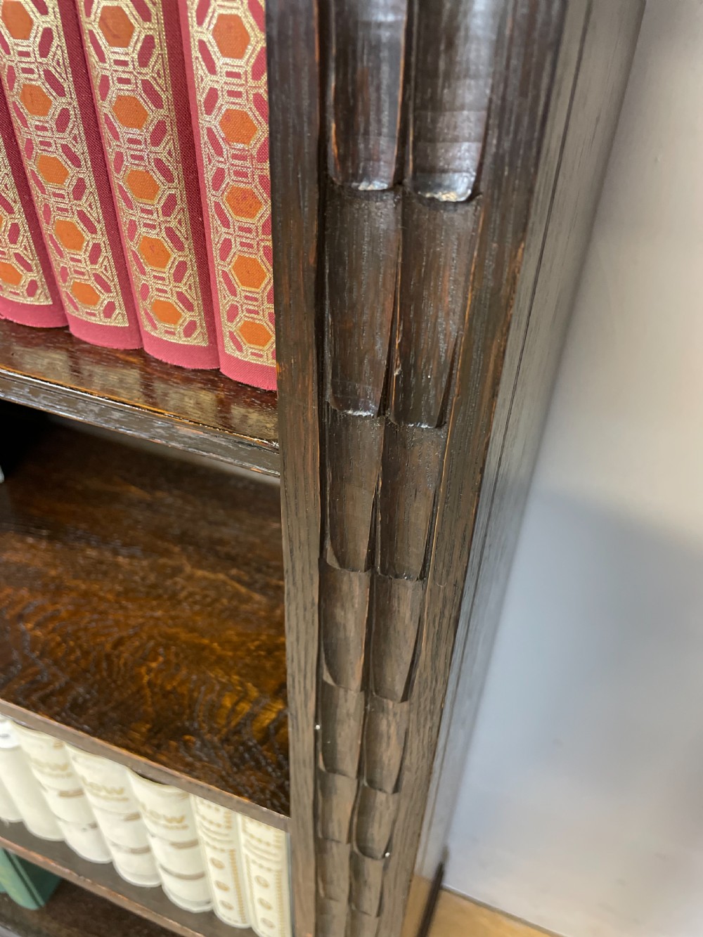 Edwardian carved oak open bookshelves  View VII