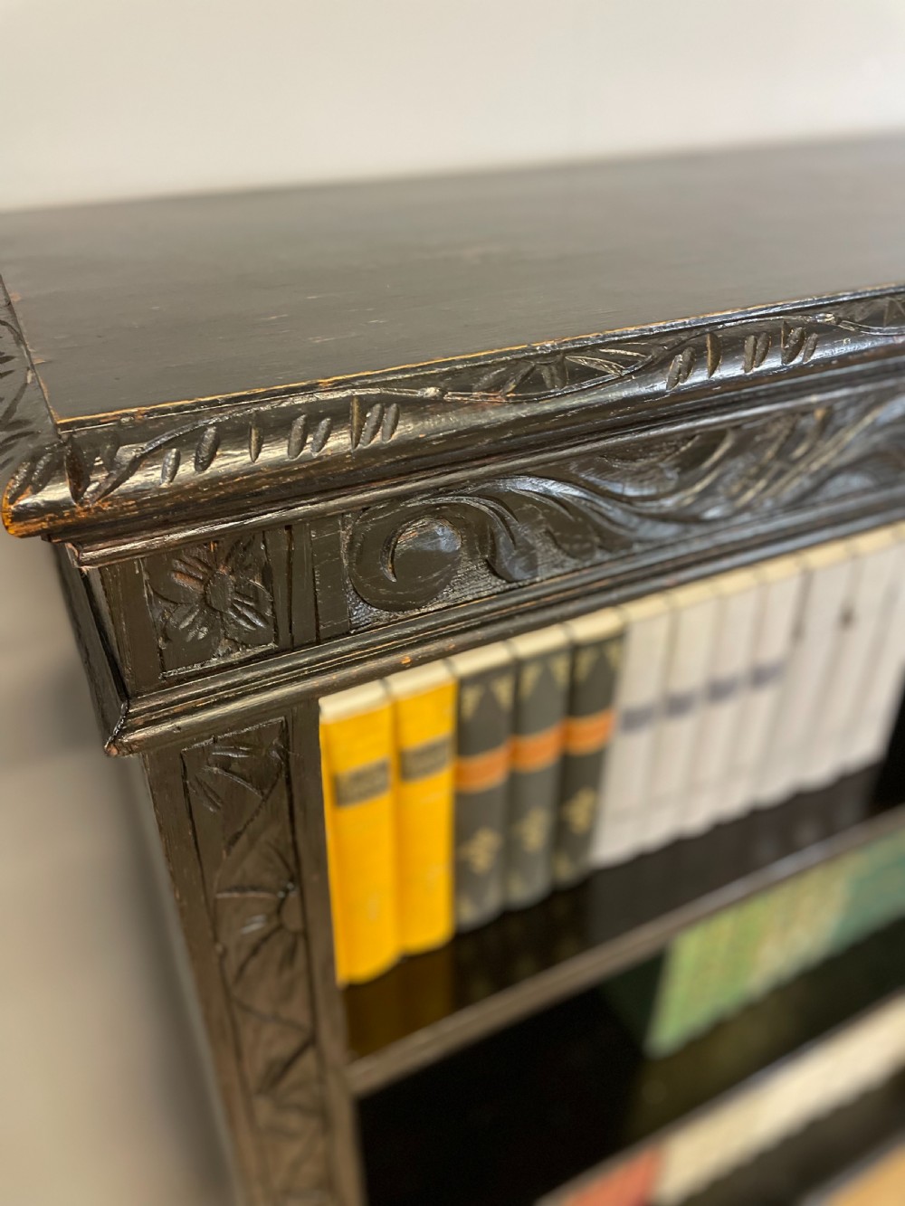 Freestanding late nineteenth century carved oak open bookcase  View II