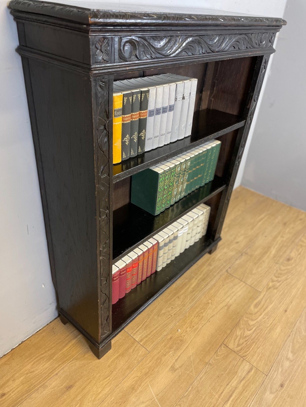 Freestanding late nineteenth century carved oak open bookcase  View VI
