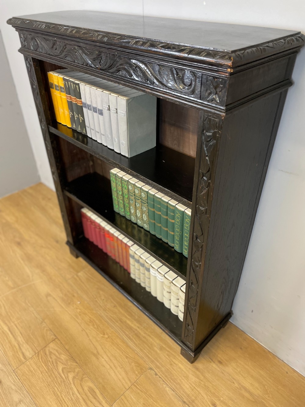 Freestanding late nineteenth century carved oak open bookcase  View VIII