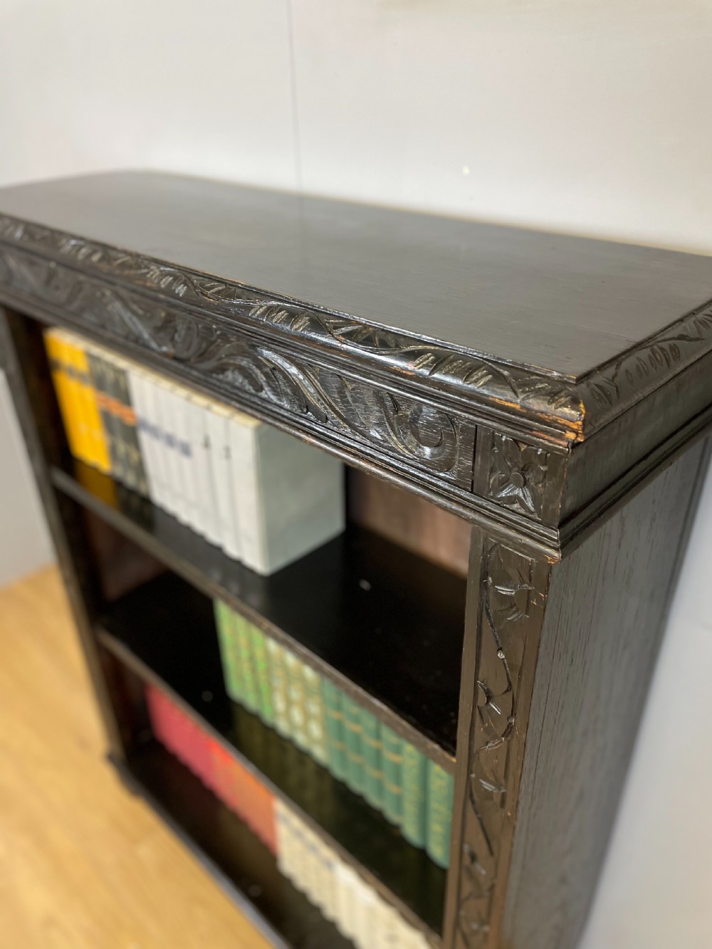 Freestanding late nineteenth century carved oak open bookcase  View IX