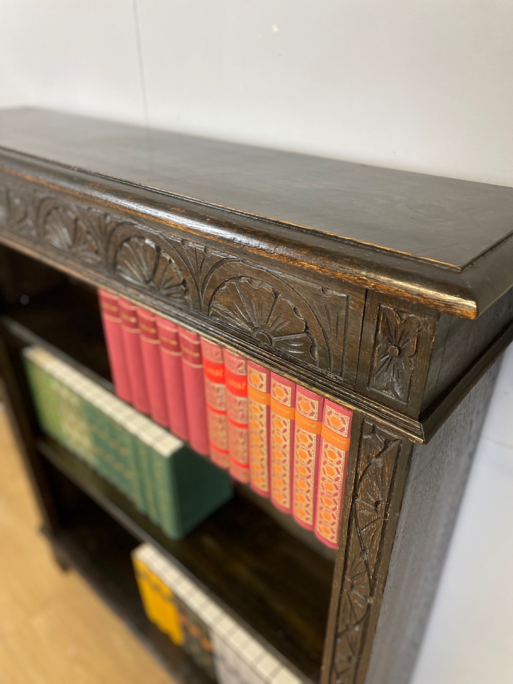 Edwardian carved oak open bookshelves  View III