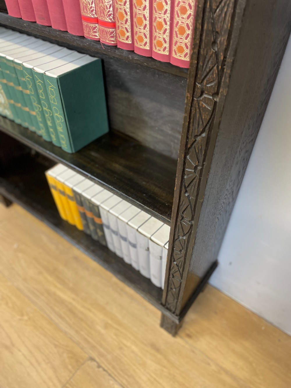Edwardian carved oak open bookshelves  View IV