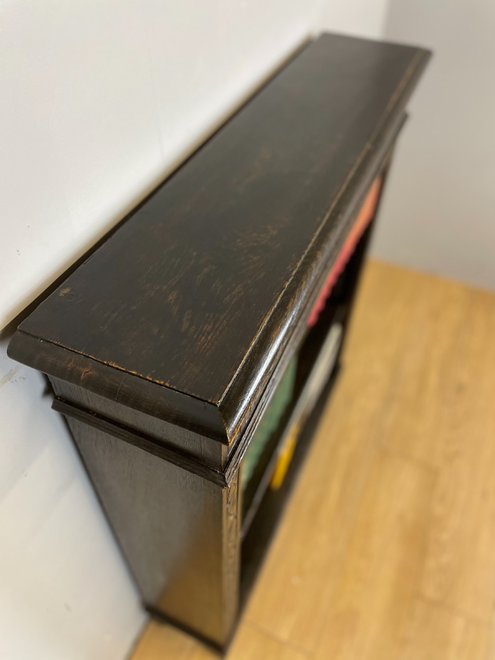 Edwardian carved oak open bookshelves  View V