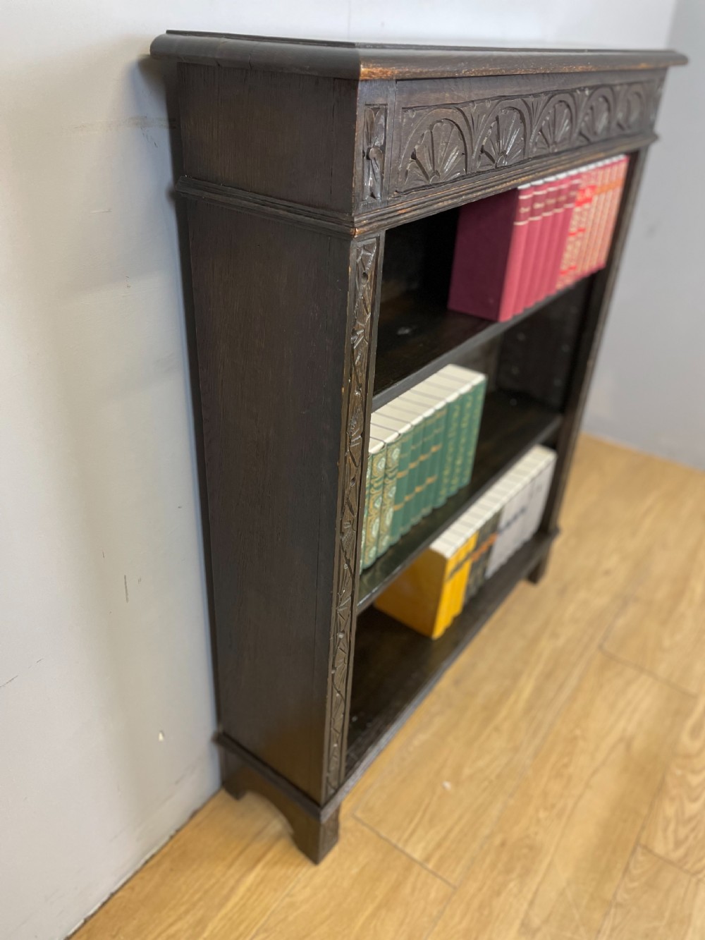 Edwardian carved oak open bookshelves  View VI
