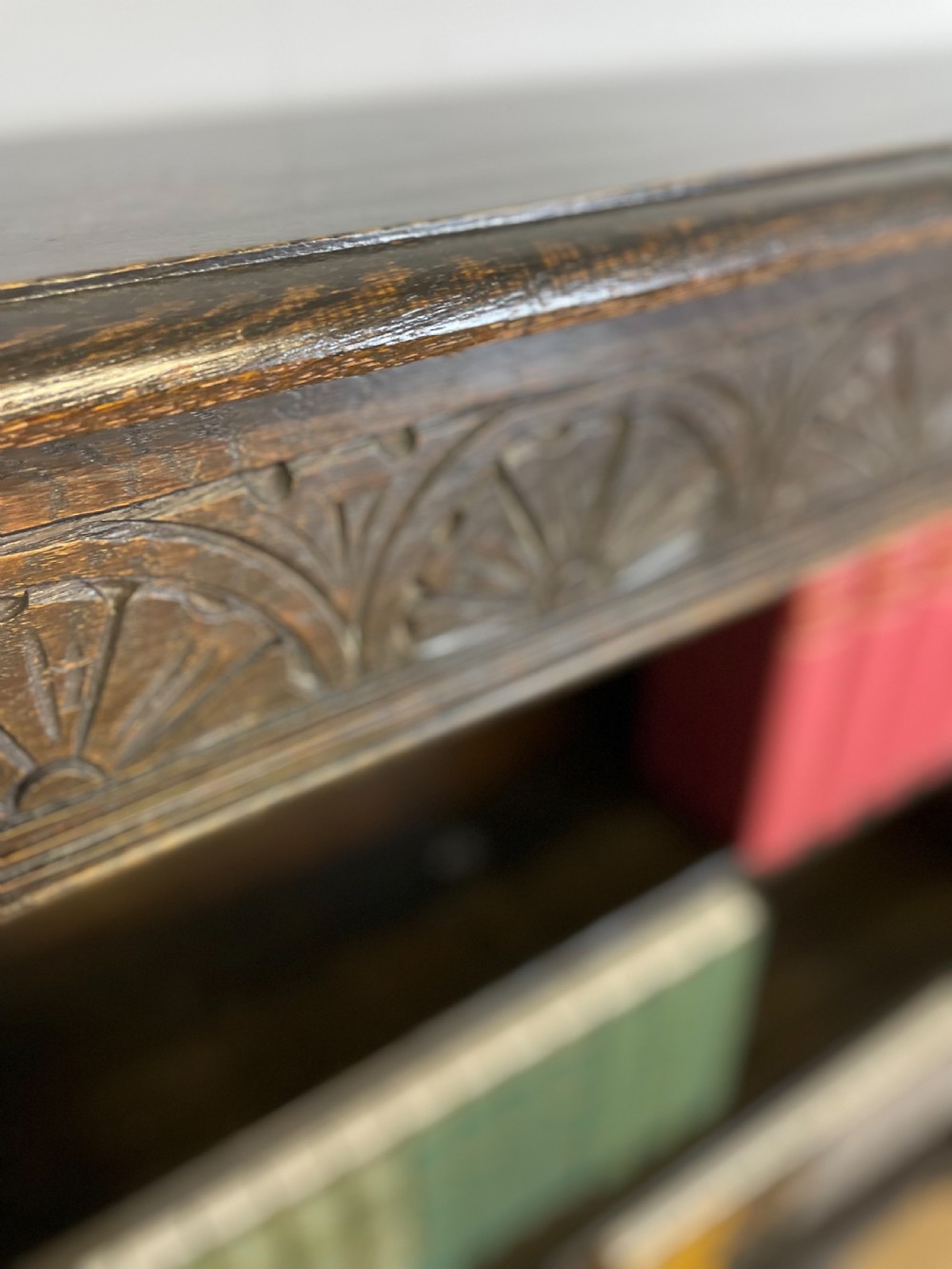 Edwardian carved oak open bookshelves  View VII