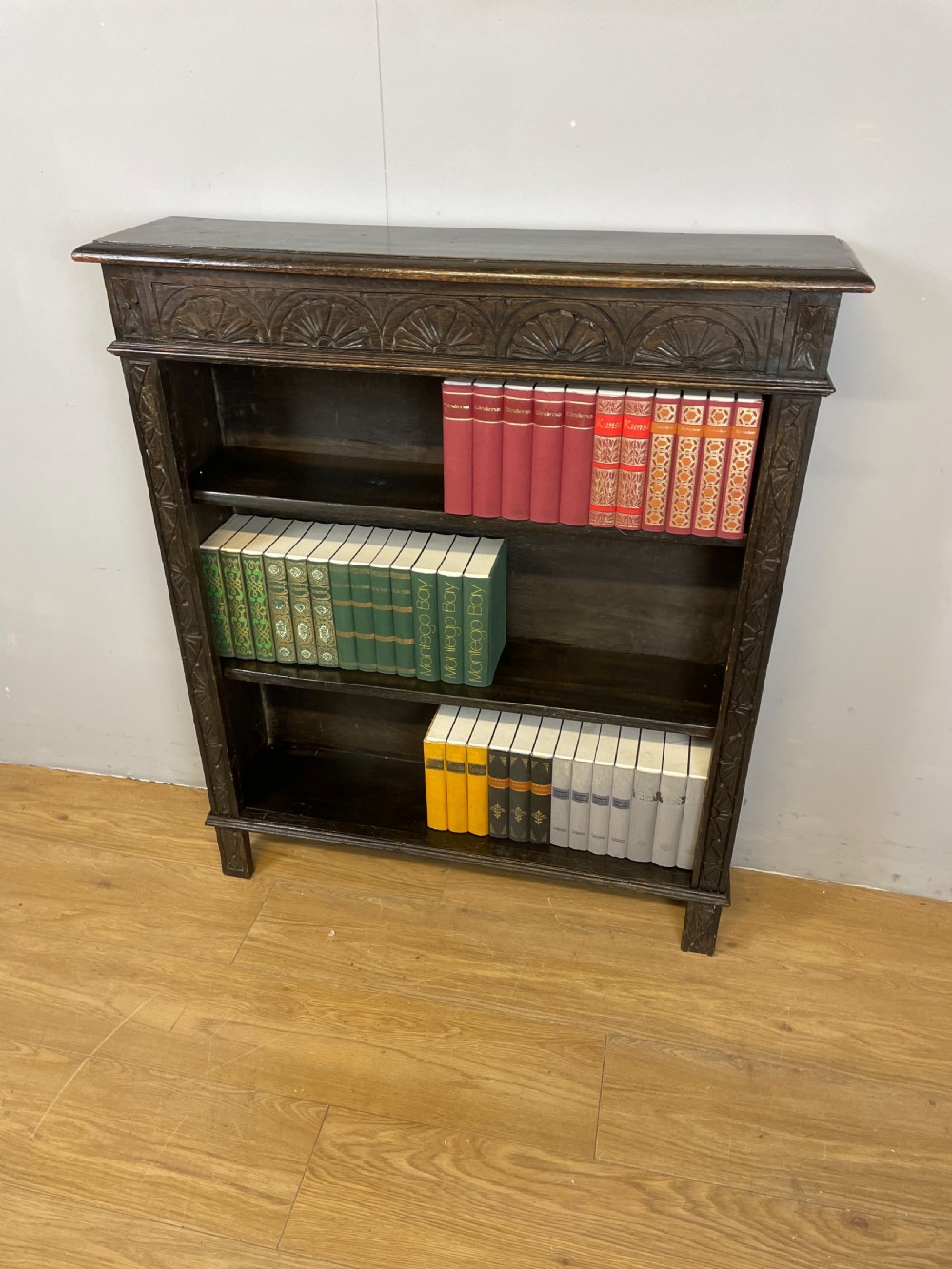 Edwardian carved oak open bookshelves  View VIII
