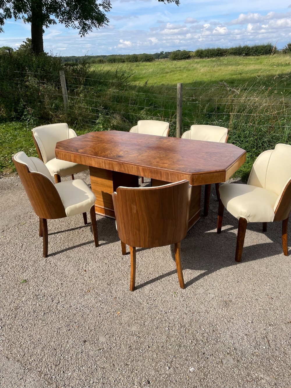 Epstein Art Deco walnut six seater dining table and chairs 