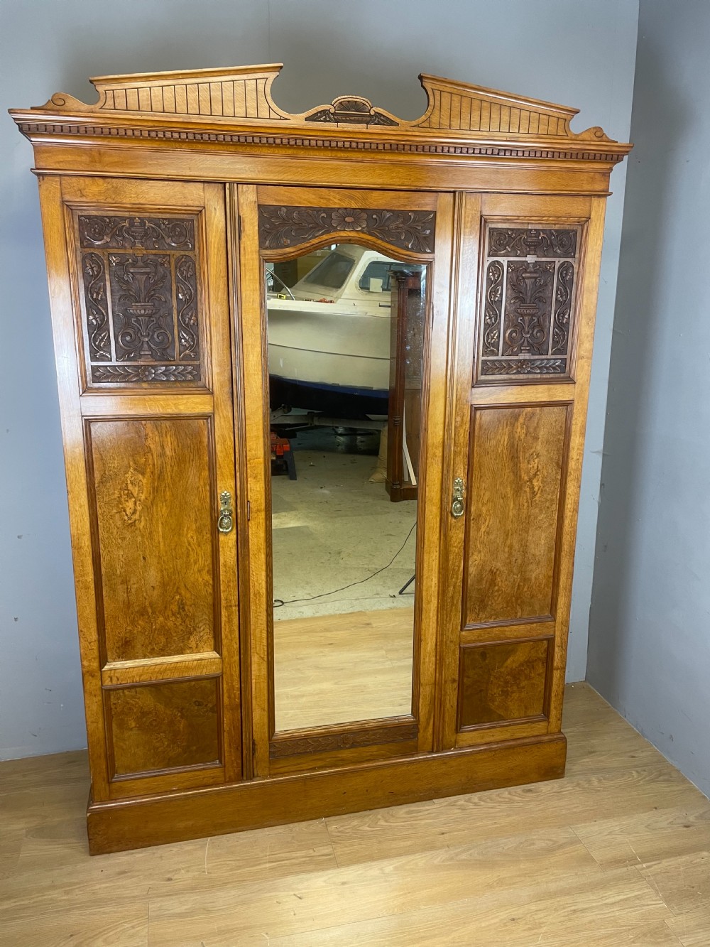 Arts and crafts golden oak triple wardrobe 