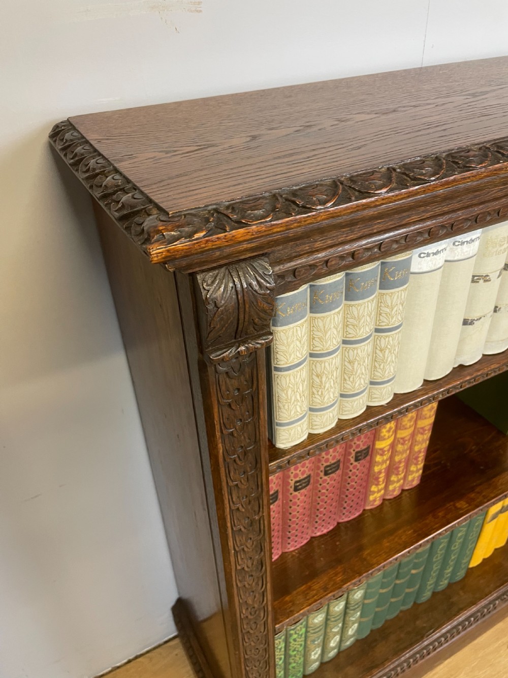Late nineteenth century carved oak open bookcase  View II