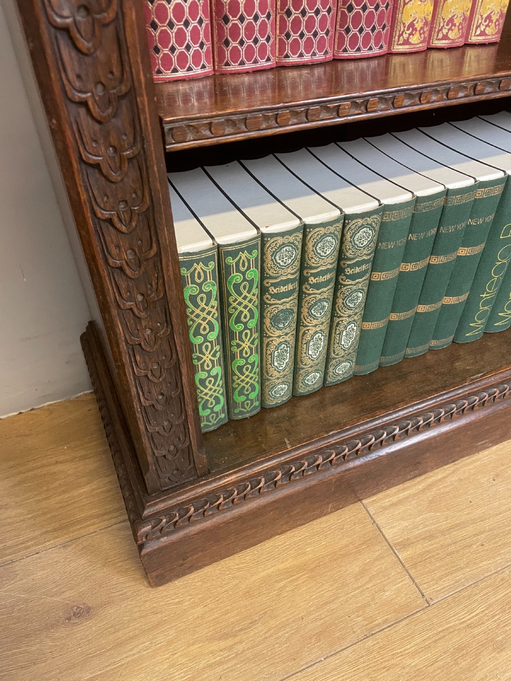 Late nineteenth century carved oak open bookcase  View III
