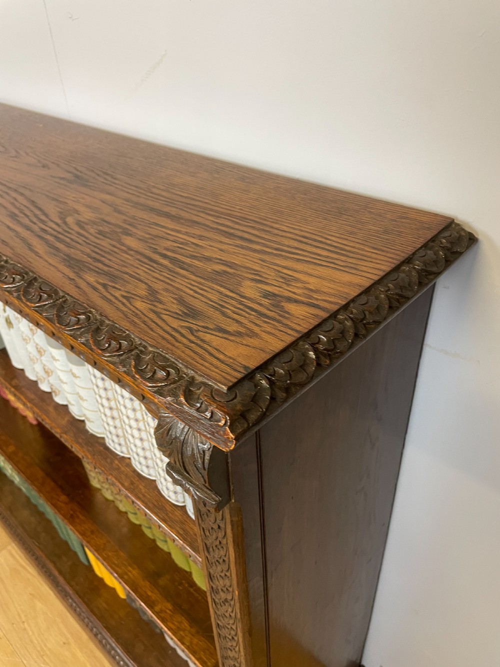 Late nineteenth century carved oak open bookcase  View IV