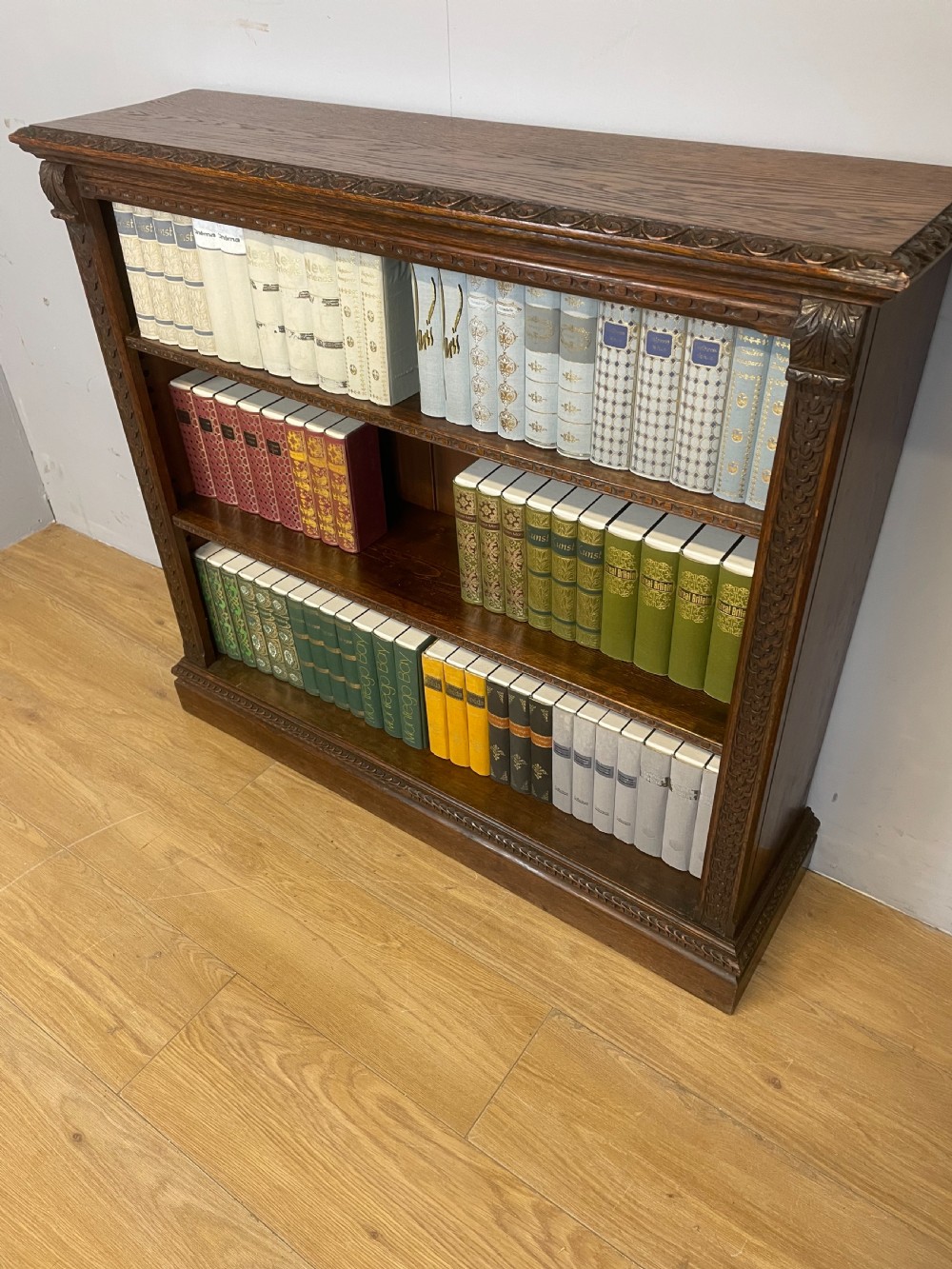 Late nineteenth century carved oak open bookcase  View V