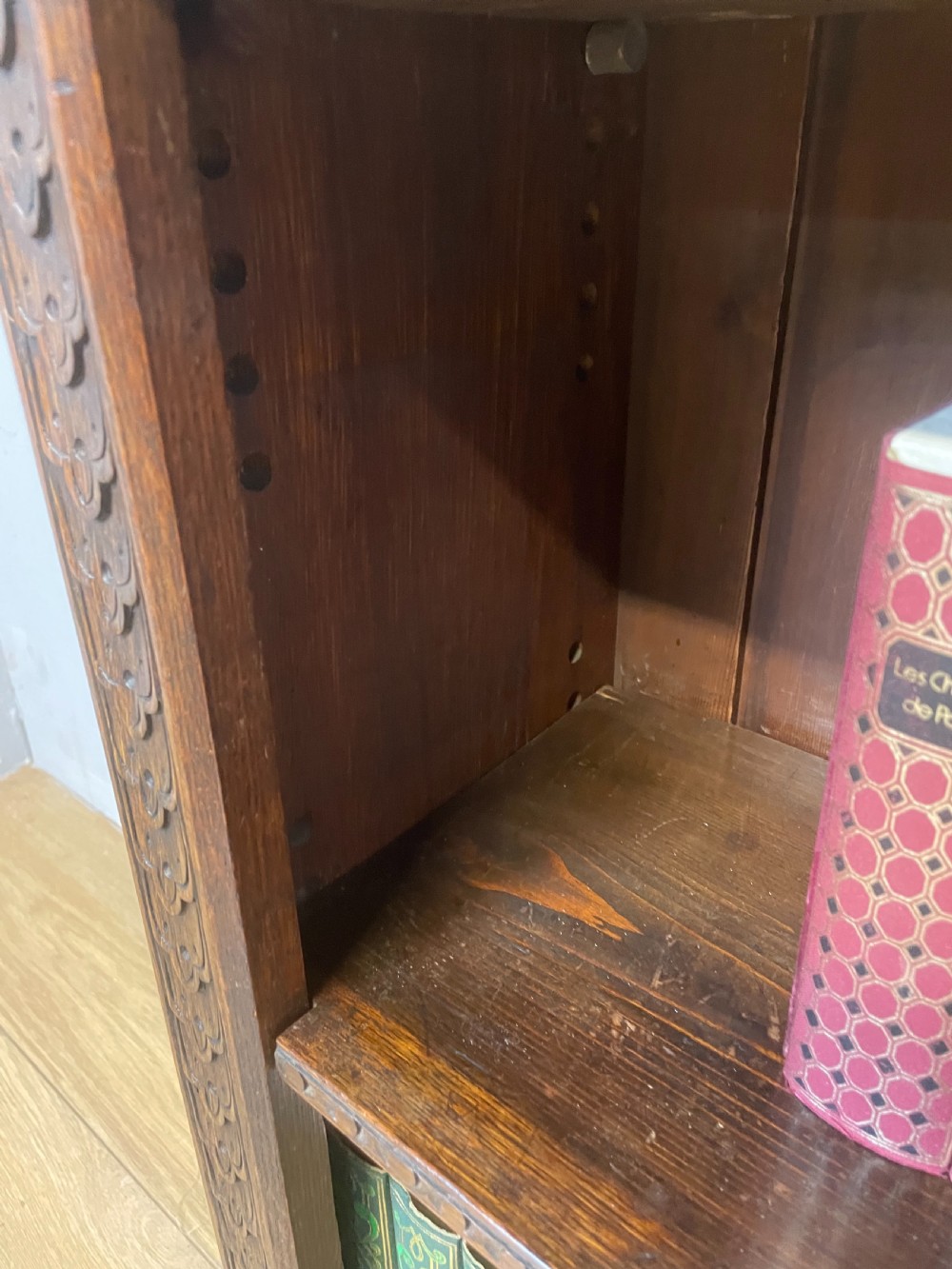 Late nineteenth century carved oak open bookcase  View VIII