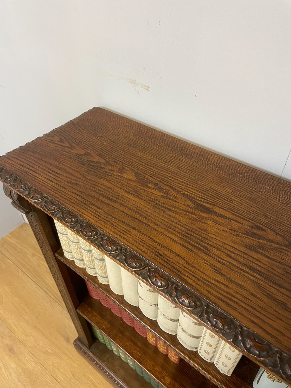 Late nineteenth century carved oak open bookcase  View IX