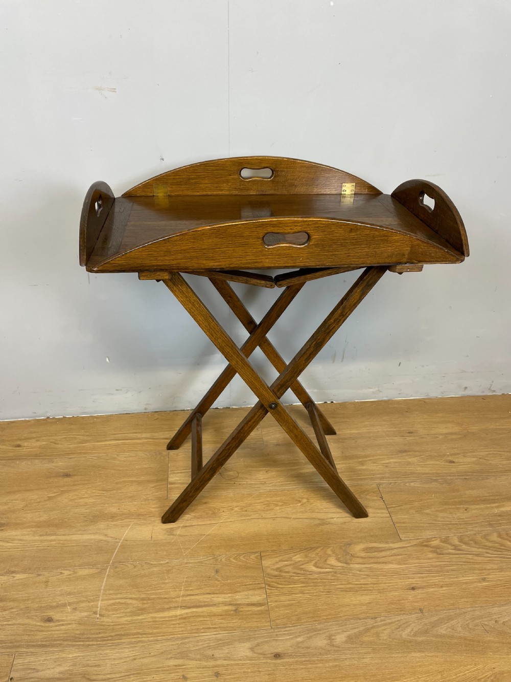 Edwardian solid oak butlers tray on stand 