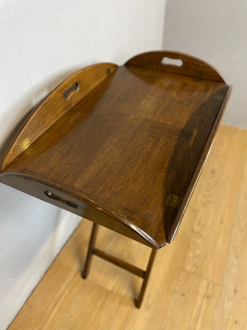 Edwardian solid oak butlers tray on stand  View II