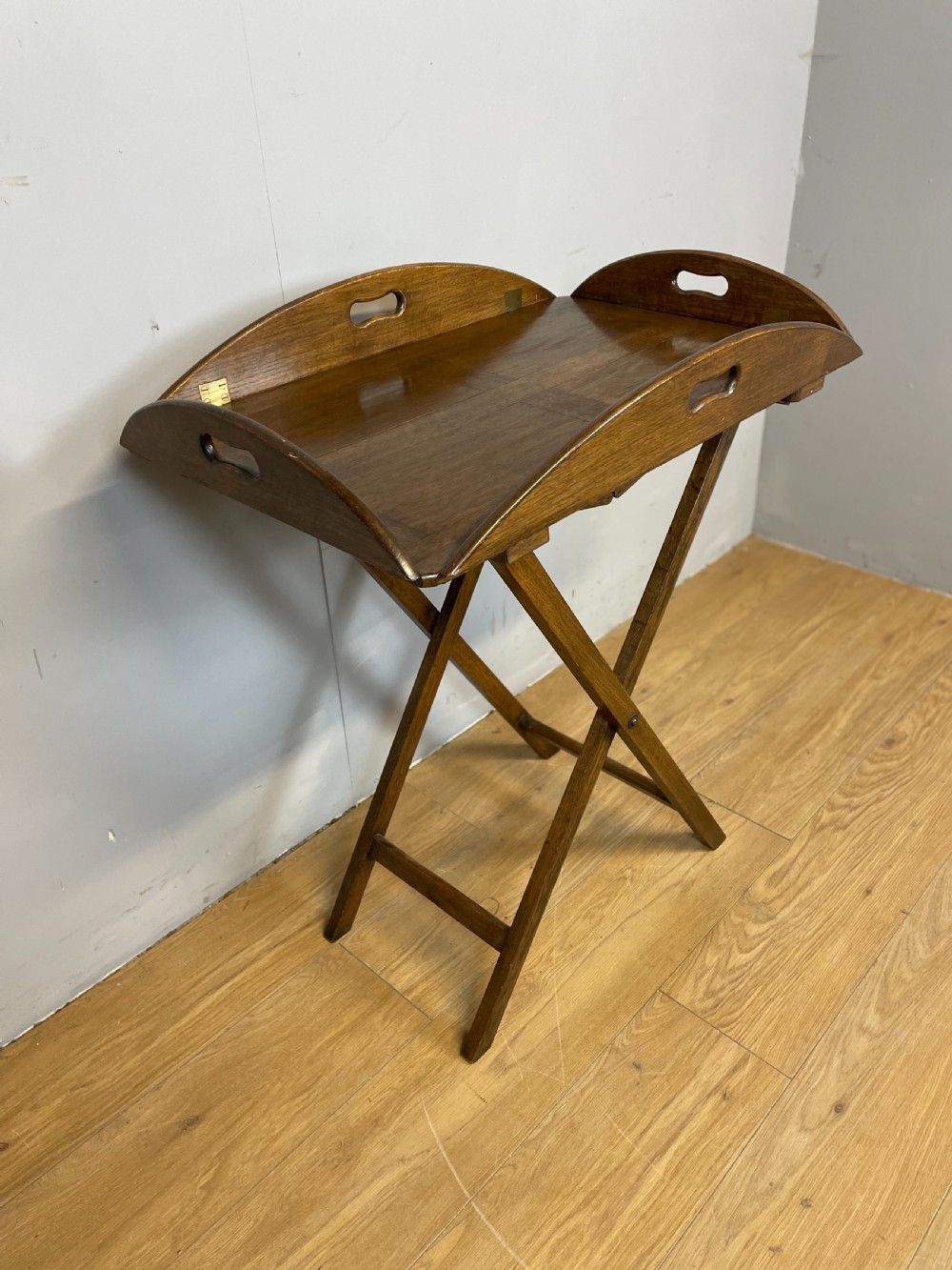 Edwardian solid oak butlers tray on stand  View III