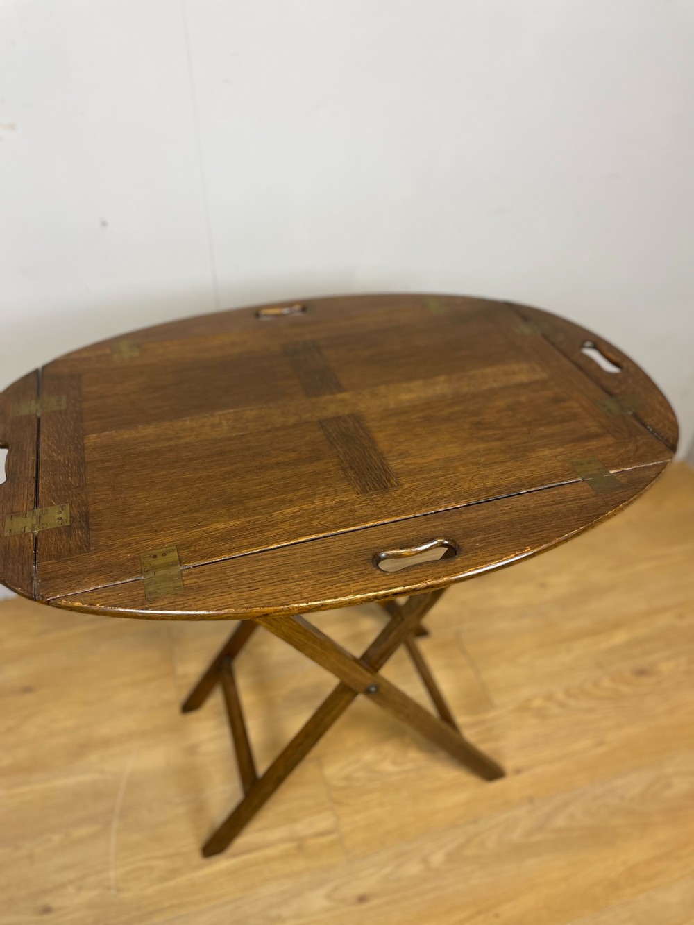 Edwardian solid oak butlers tray on stand  View IV
