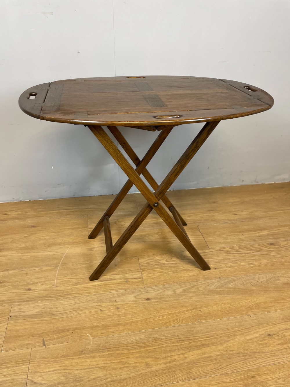 Edwardian solid oak butlers tray on stand  View V