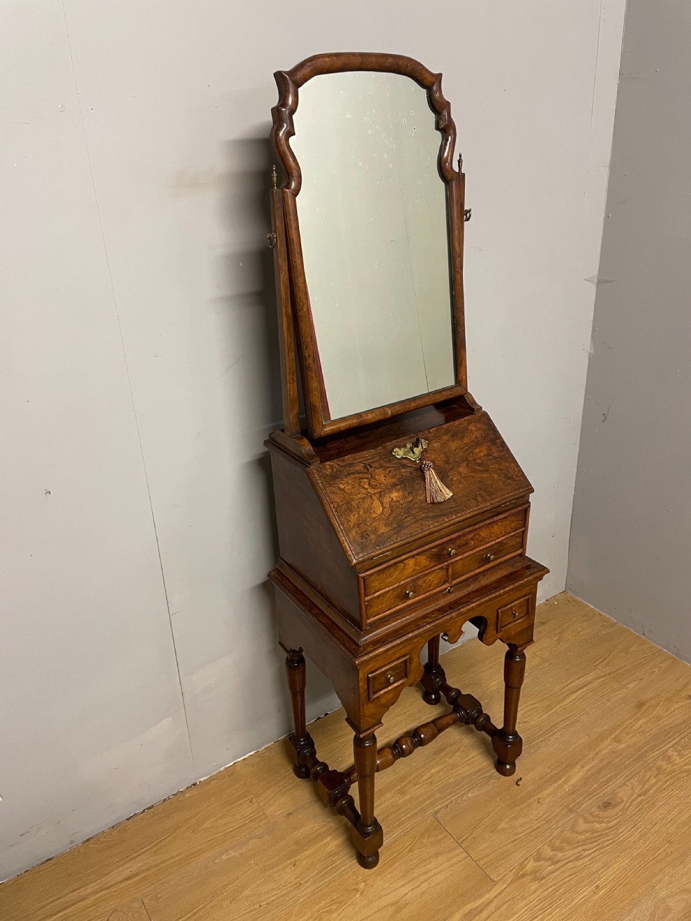 Nineteenth century burr walnut bureau on stand 