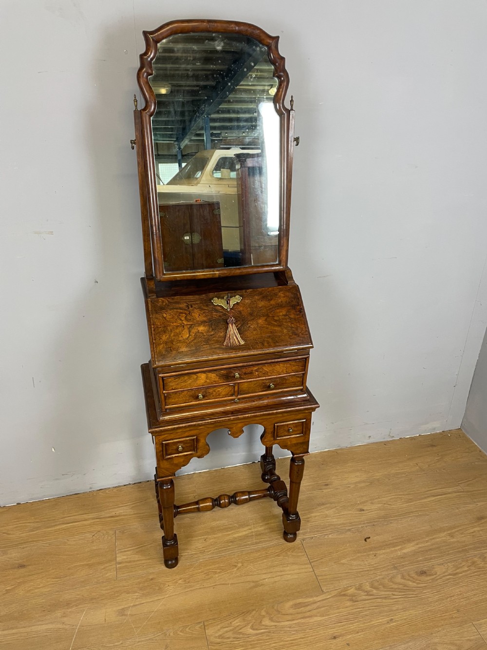 Nineteenth century burr walnut bureau on stand  View II