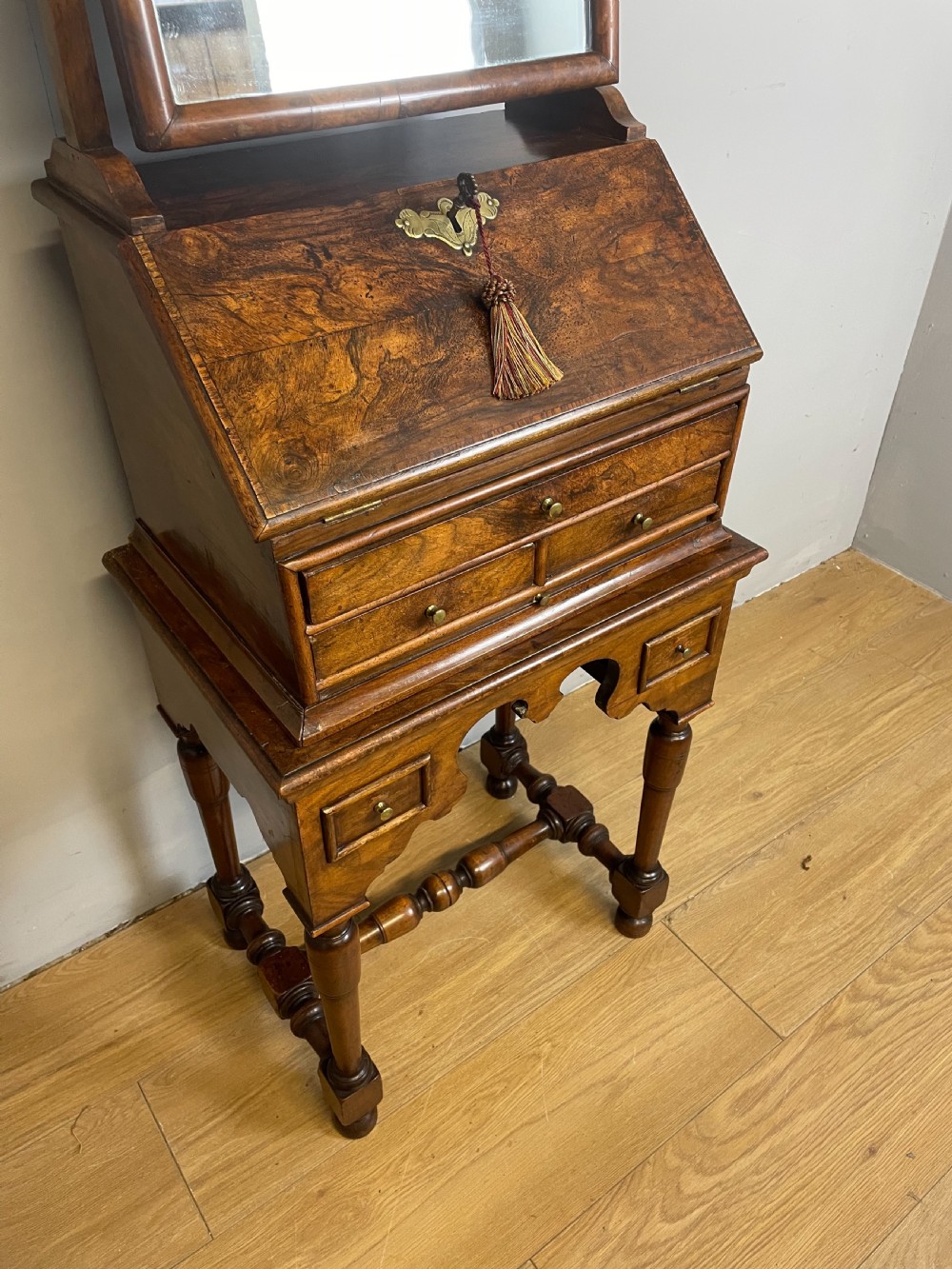Nineteenth century burr walnut bureau on stand  View III