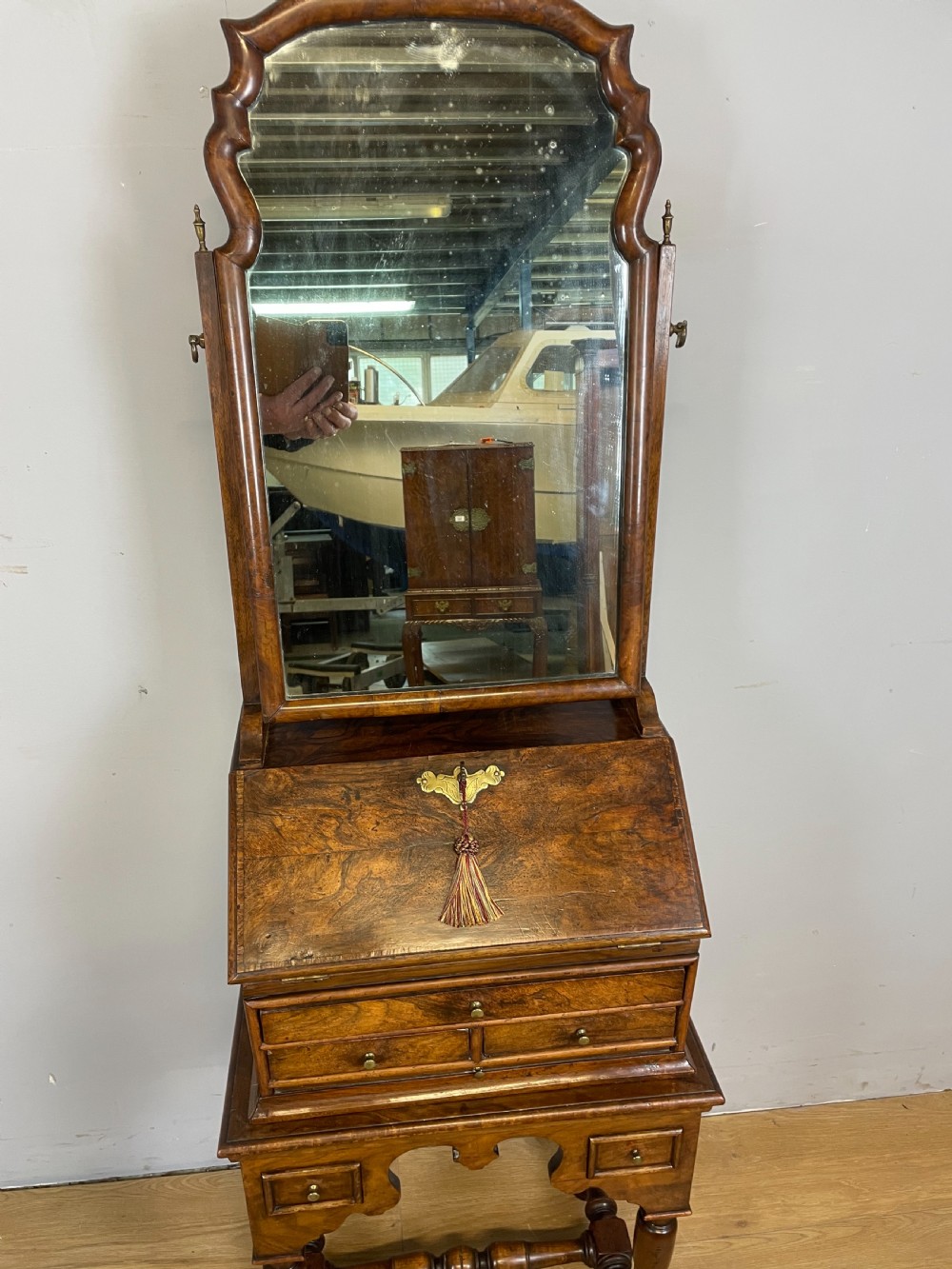 Nineteenth century burr walnut bureau on stand  View V