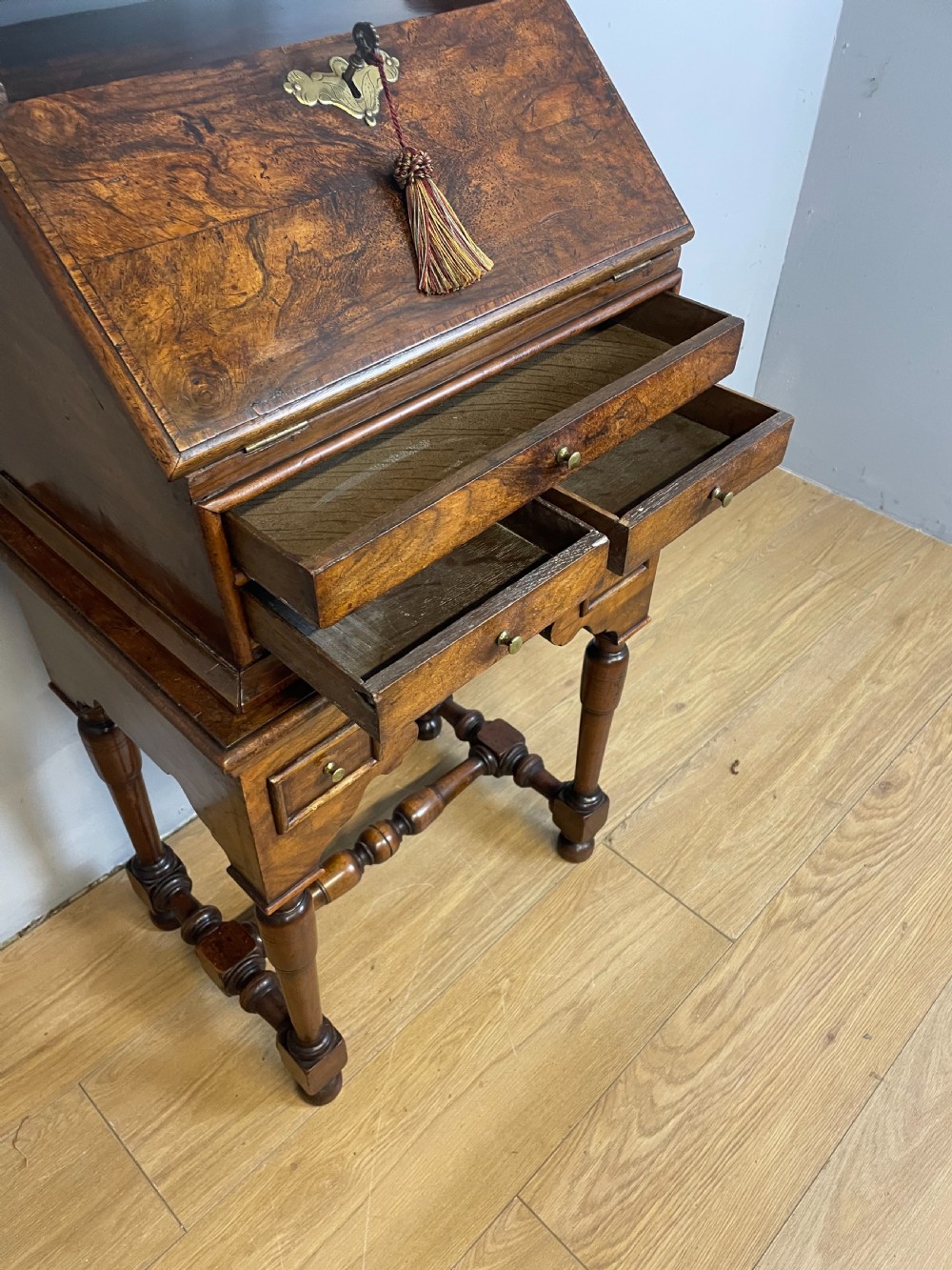 Nineteenth century burr walnut bureau on stand  View VII