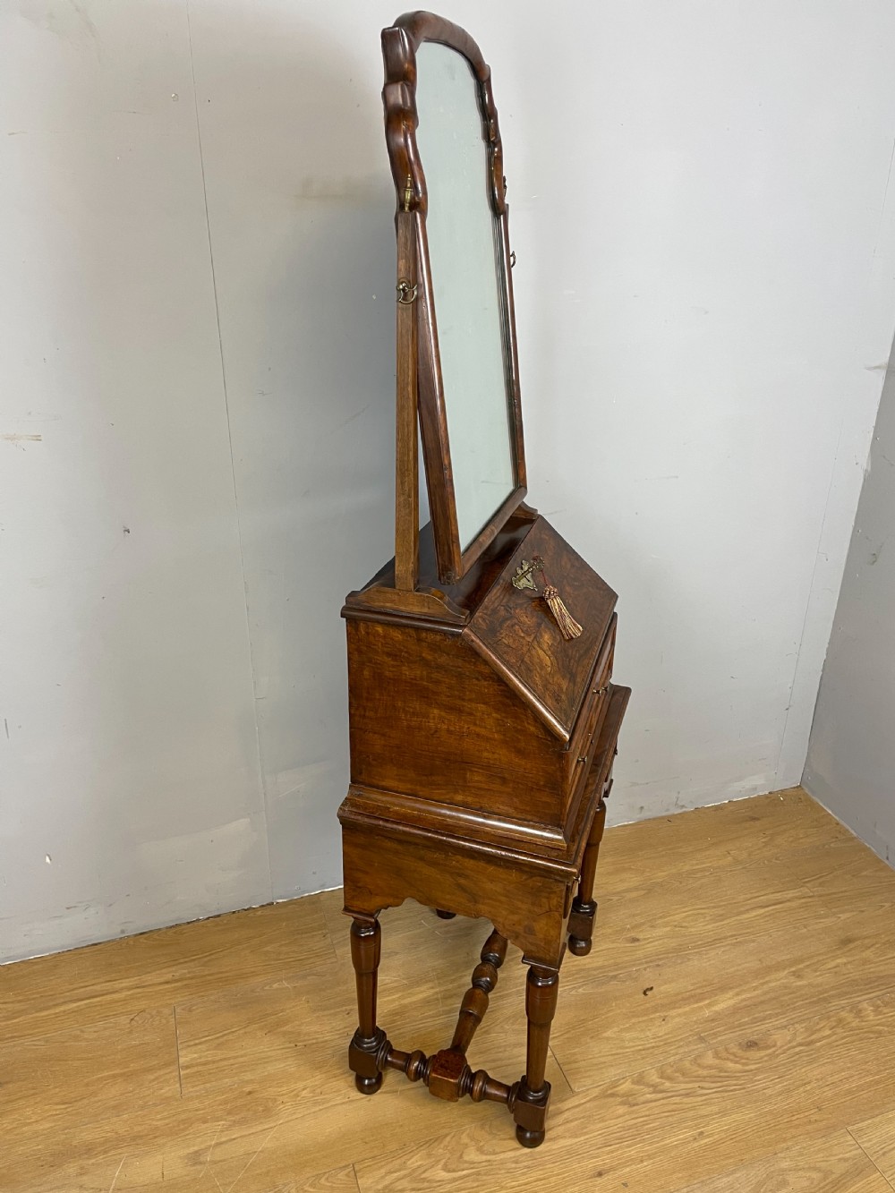 Nineteenth century burr walnut bureau on stand  View XII