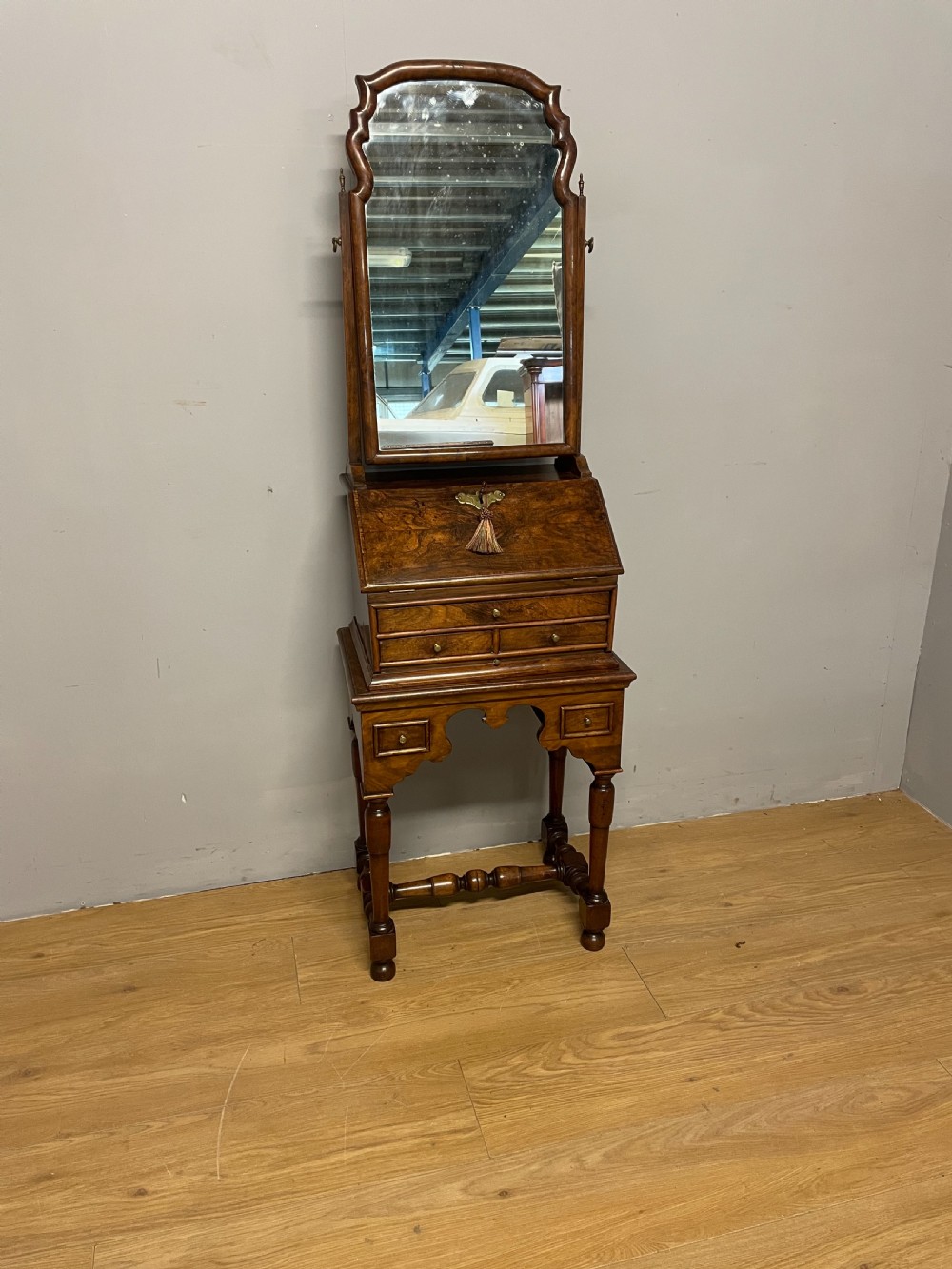 Nineteenth century burr walnut bureau on stand  View XV