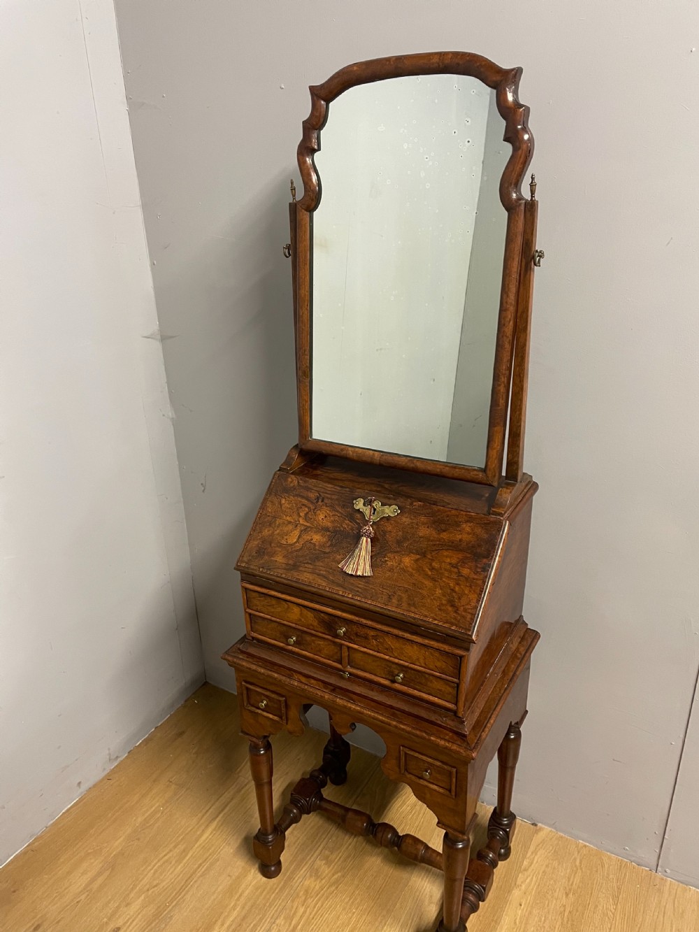 Nineteenth century burr walnut bureau on stand  View XVI