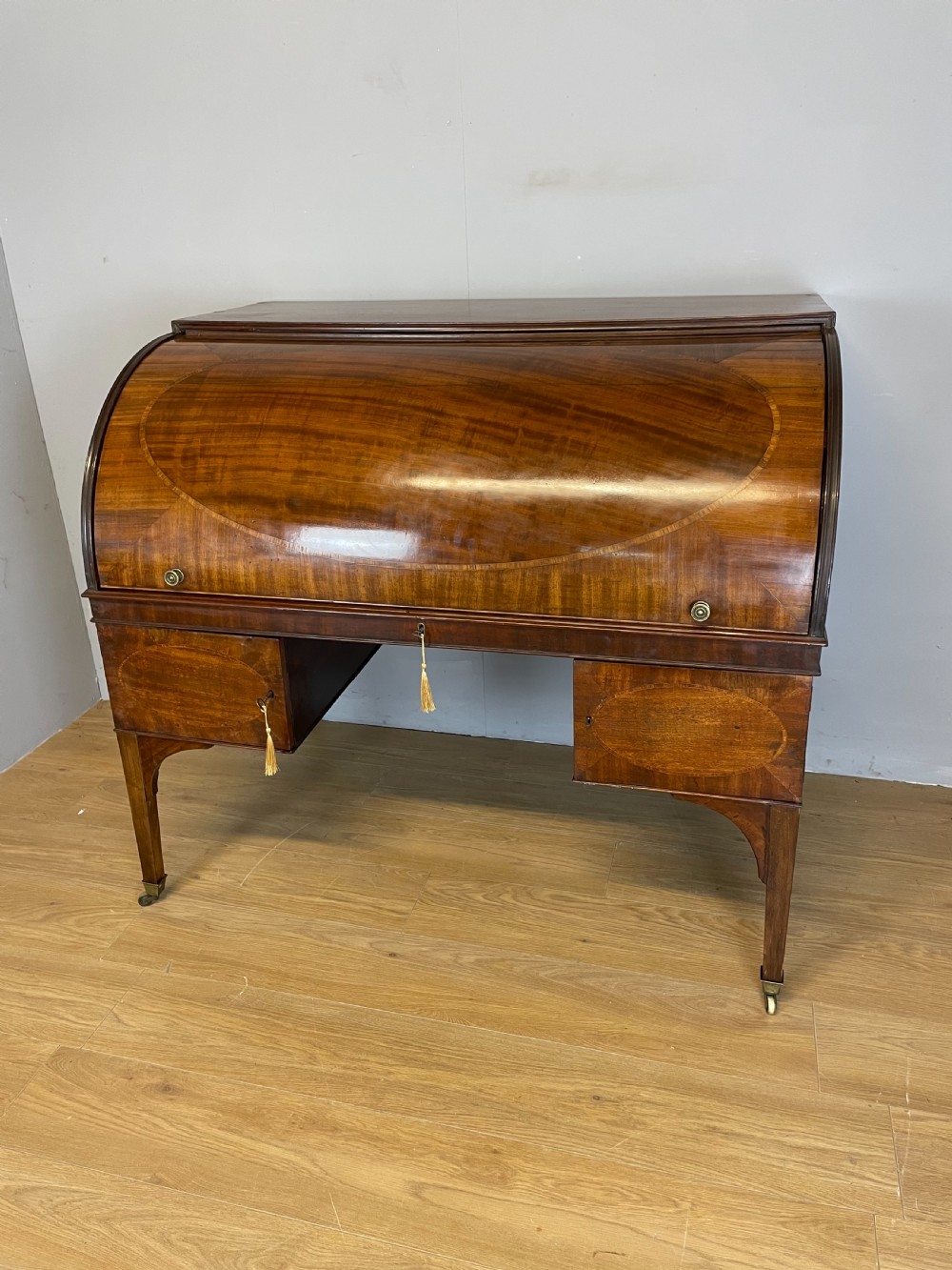 George III mahogany and satinwood cylinder desk 