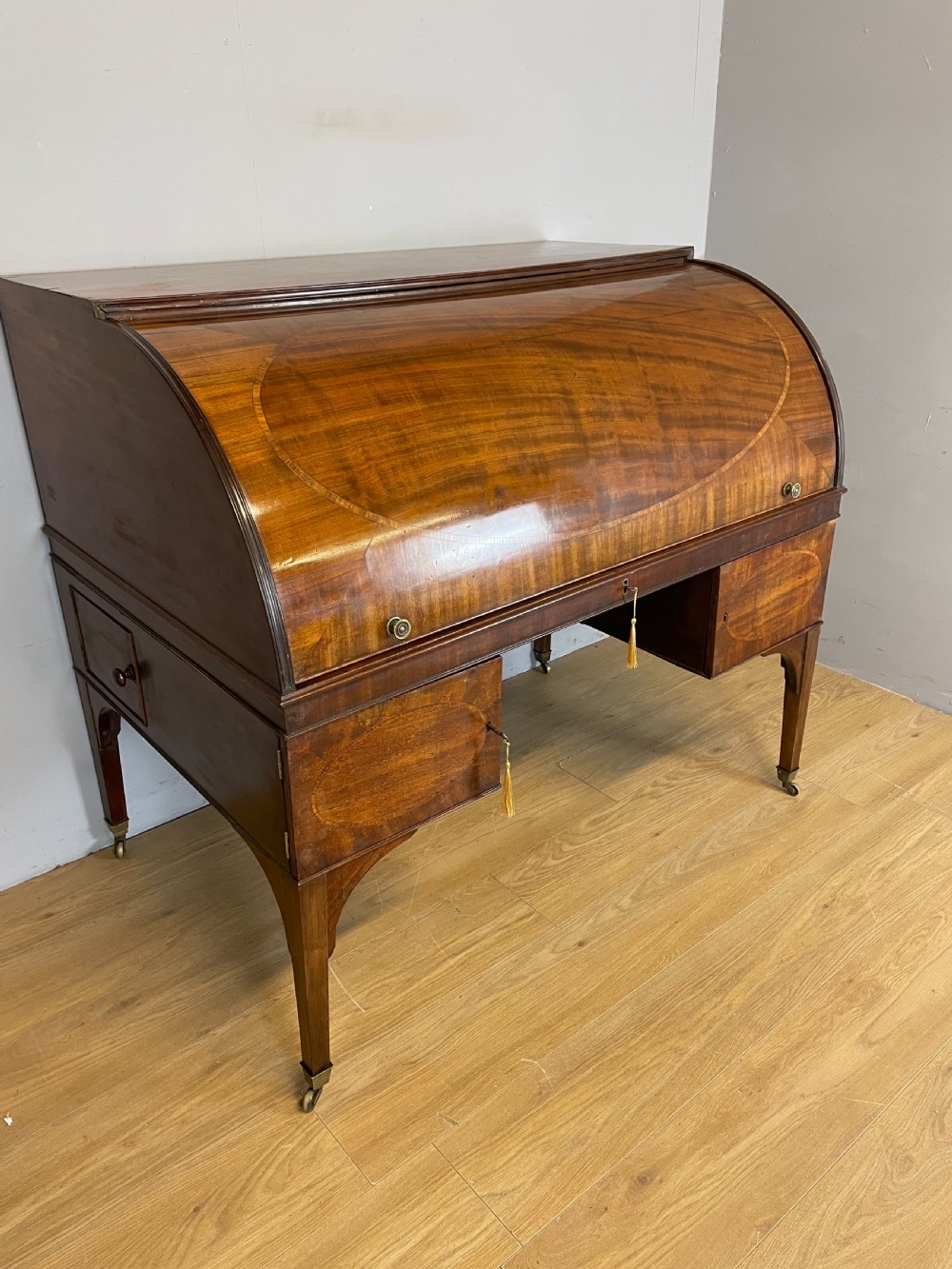 George III mahogany and satinwood cylinder desk  View II