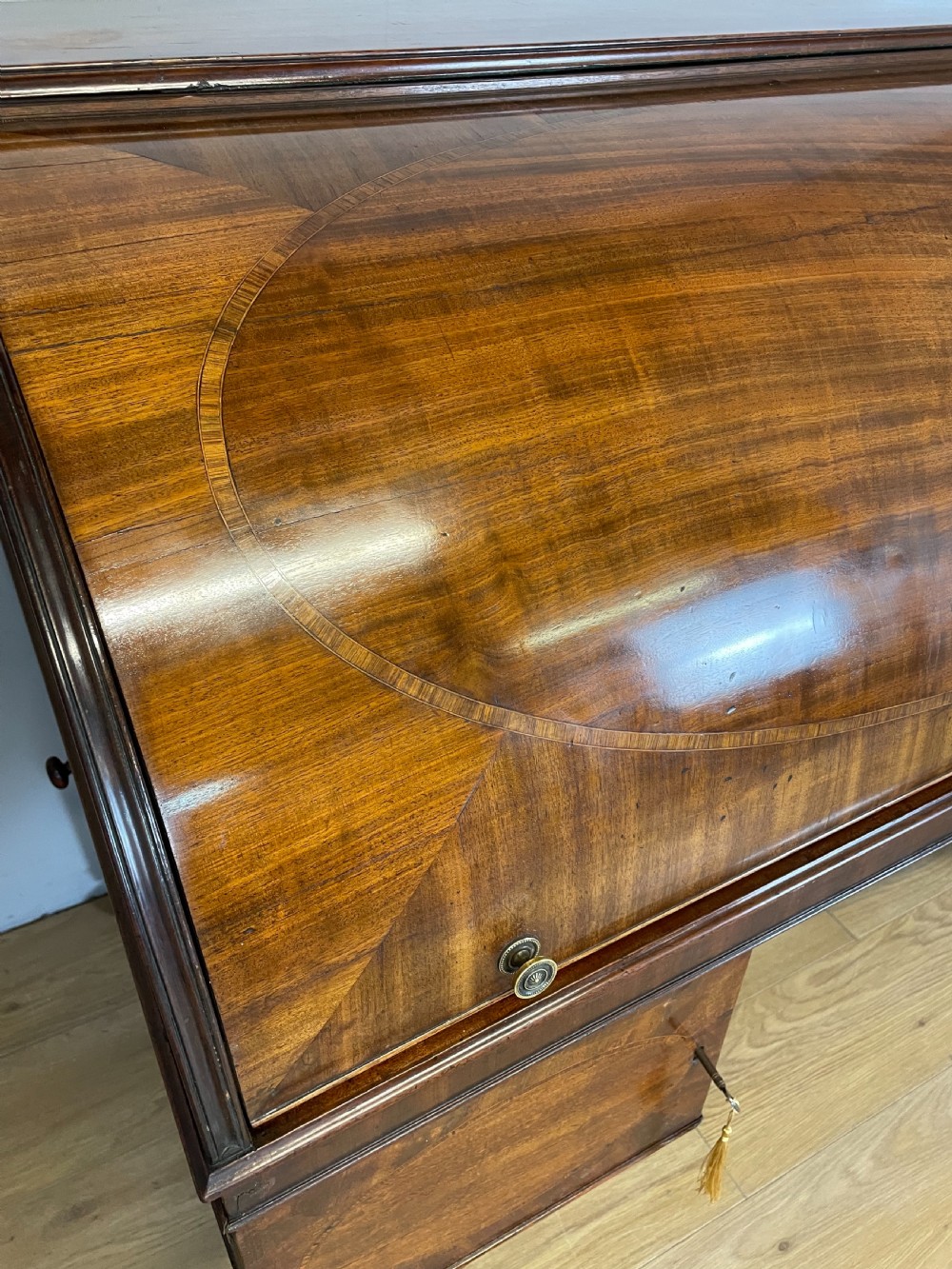 George III mahogany and satinwood cylinder desk  View III