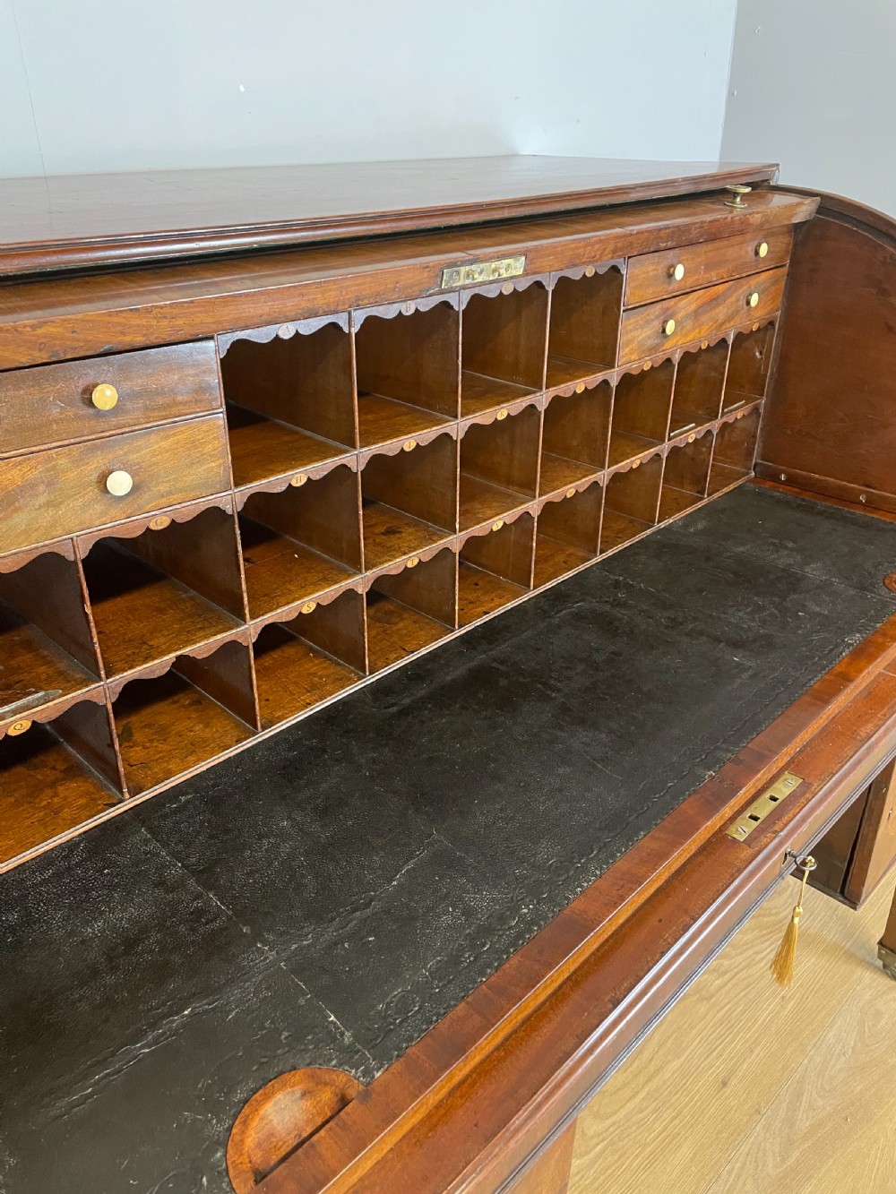 George III mahogany and satinwood cylinder desk  View V