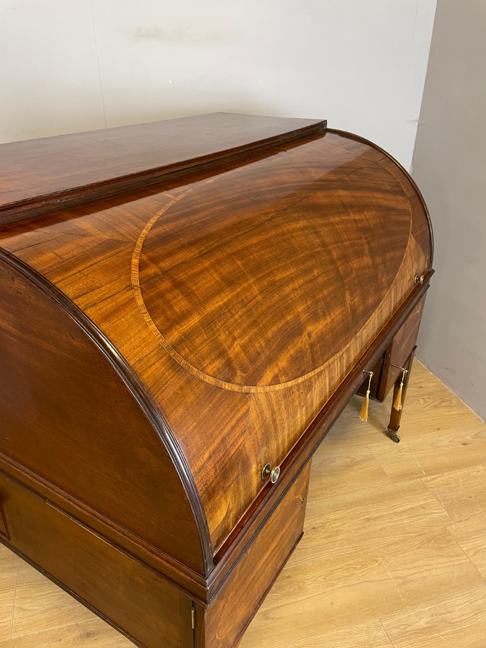 George III mahogany and satinwood cylinder desk  View IX