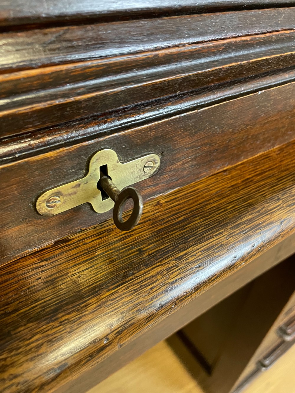 Oak twin pedestal roll top desk in original condition  View IV