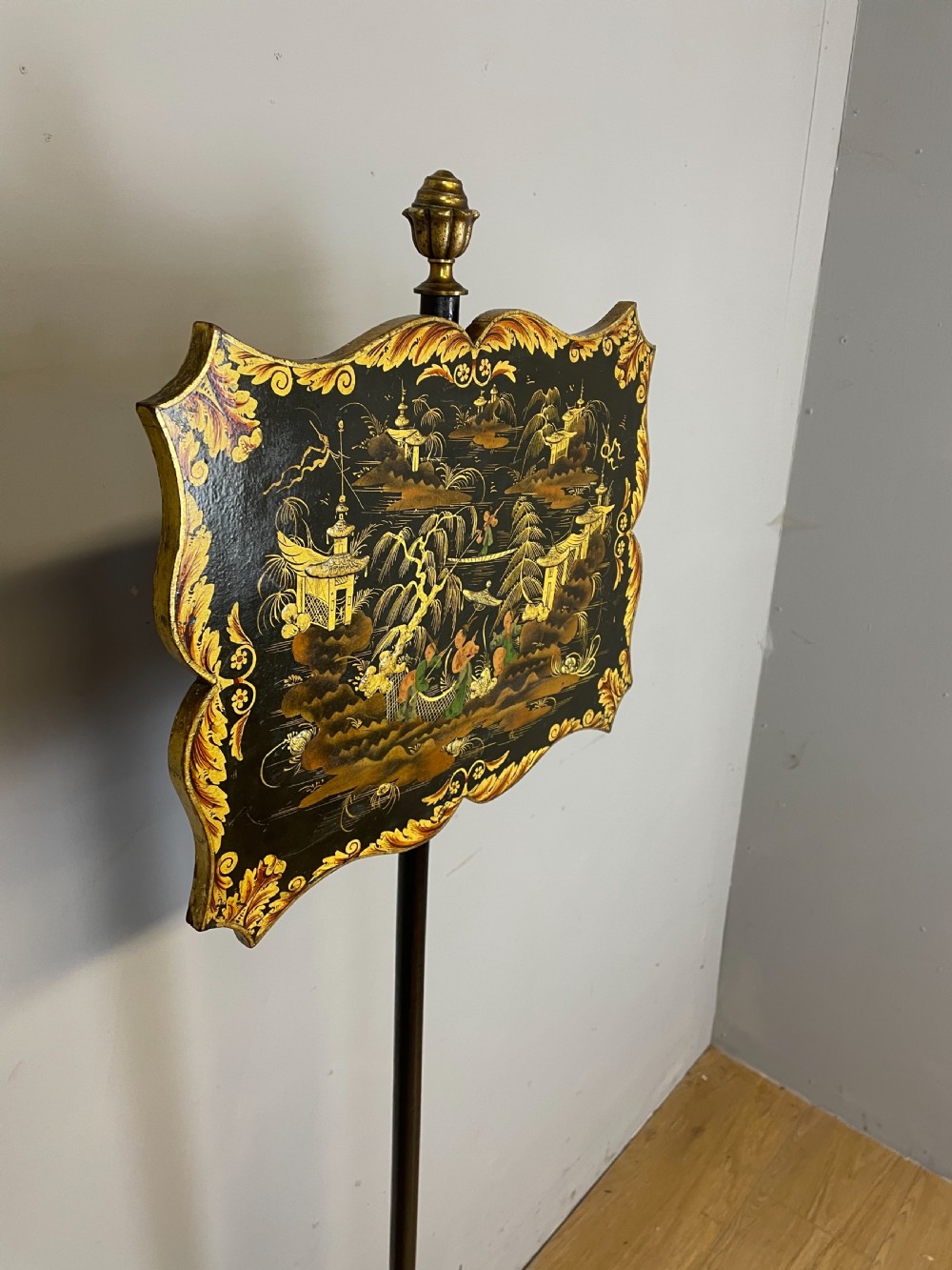 Regency ebonised chinoiserie and parcel gilt pole screen  View II