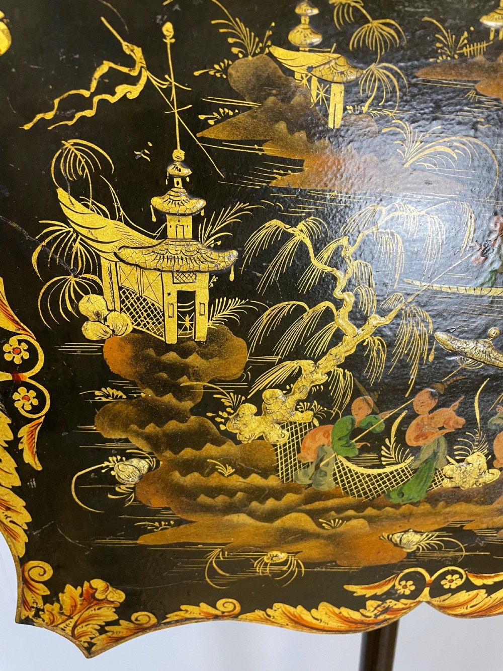 Regency ebonised chinoiserie and parcel gilt pole screen  View V