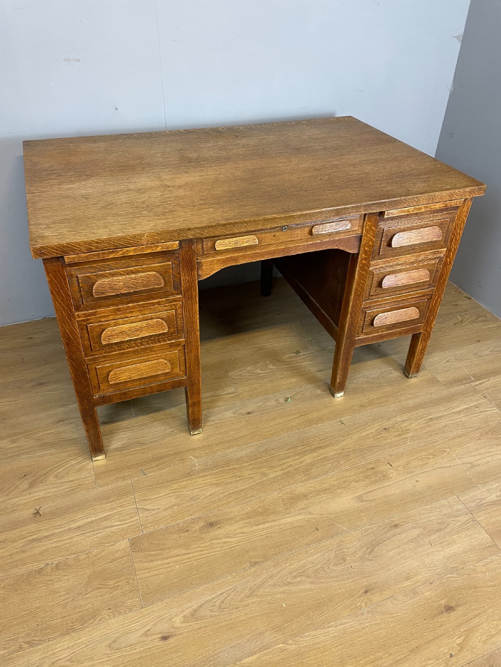 Art Deco twin pedestal golden oak desk  View II