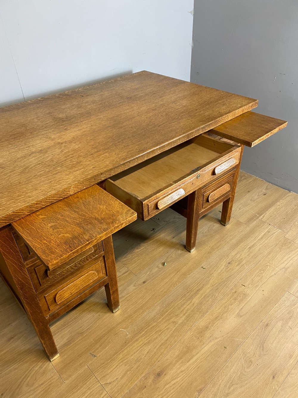 Art Deco twin pedestal golden oak desk  View III