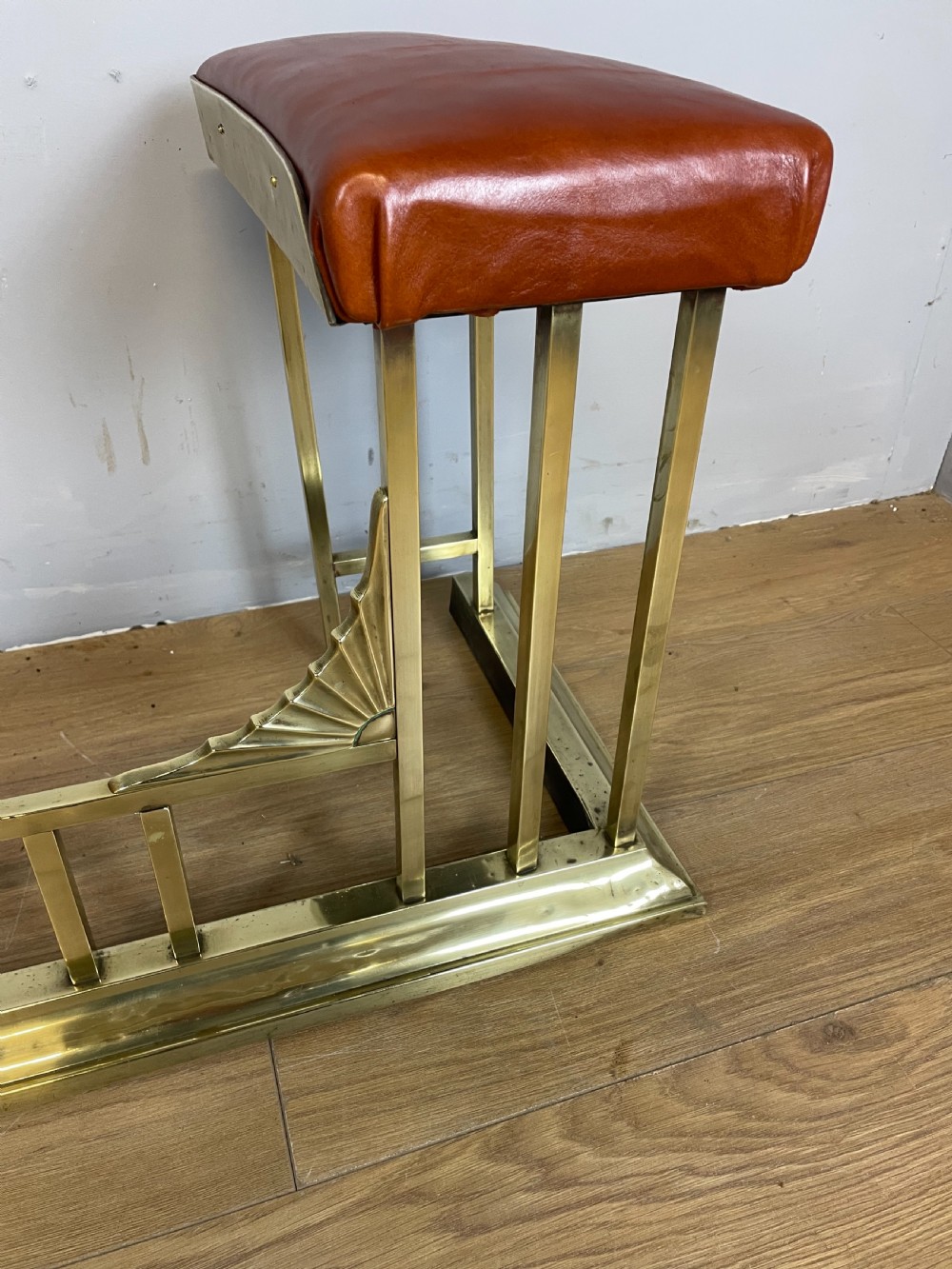 Edwardian brass and leather club fender View V