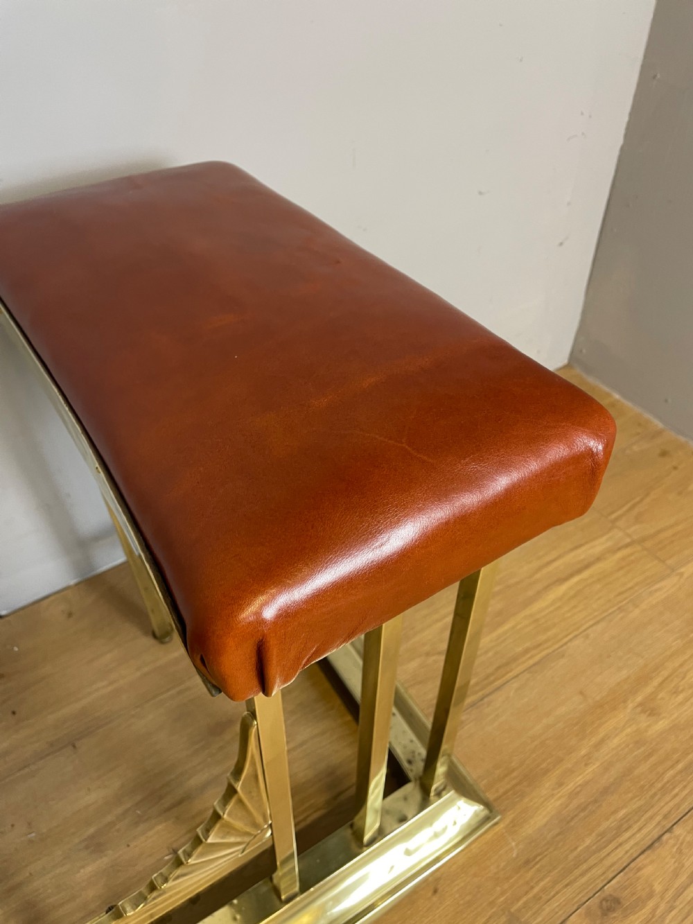 Edwardian brass and leather club fender View VI