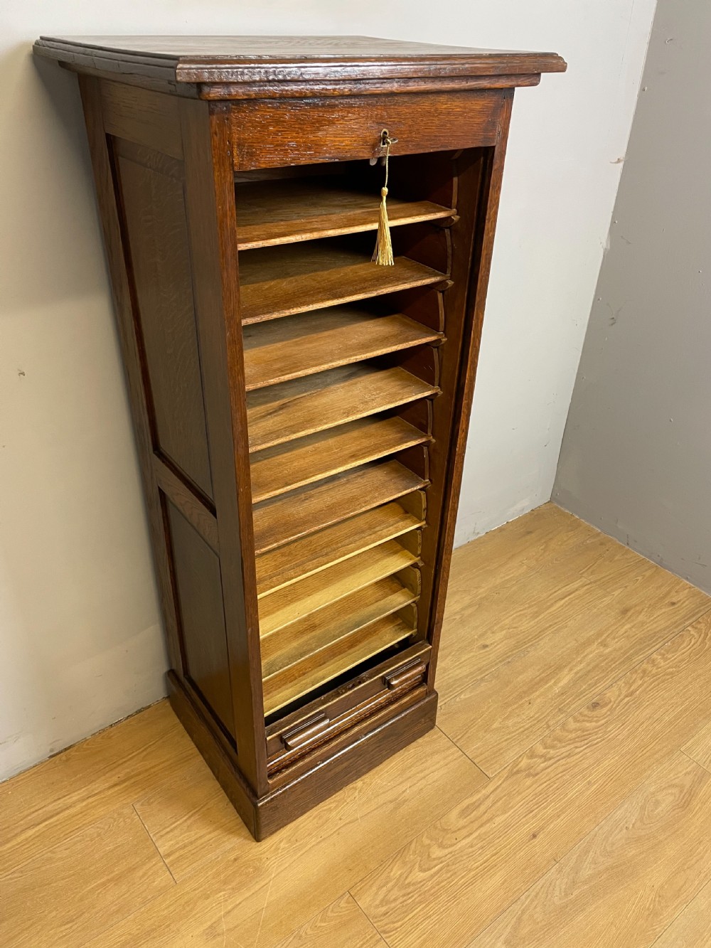 Solid oak tambour fronted filing drawers View III
