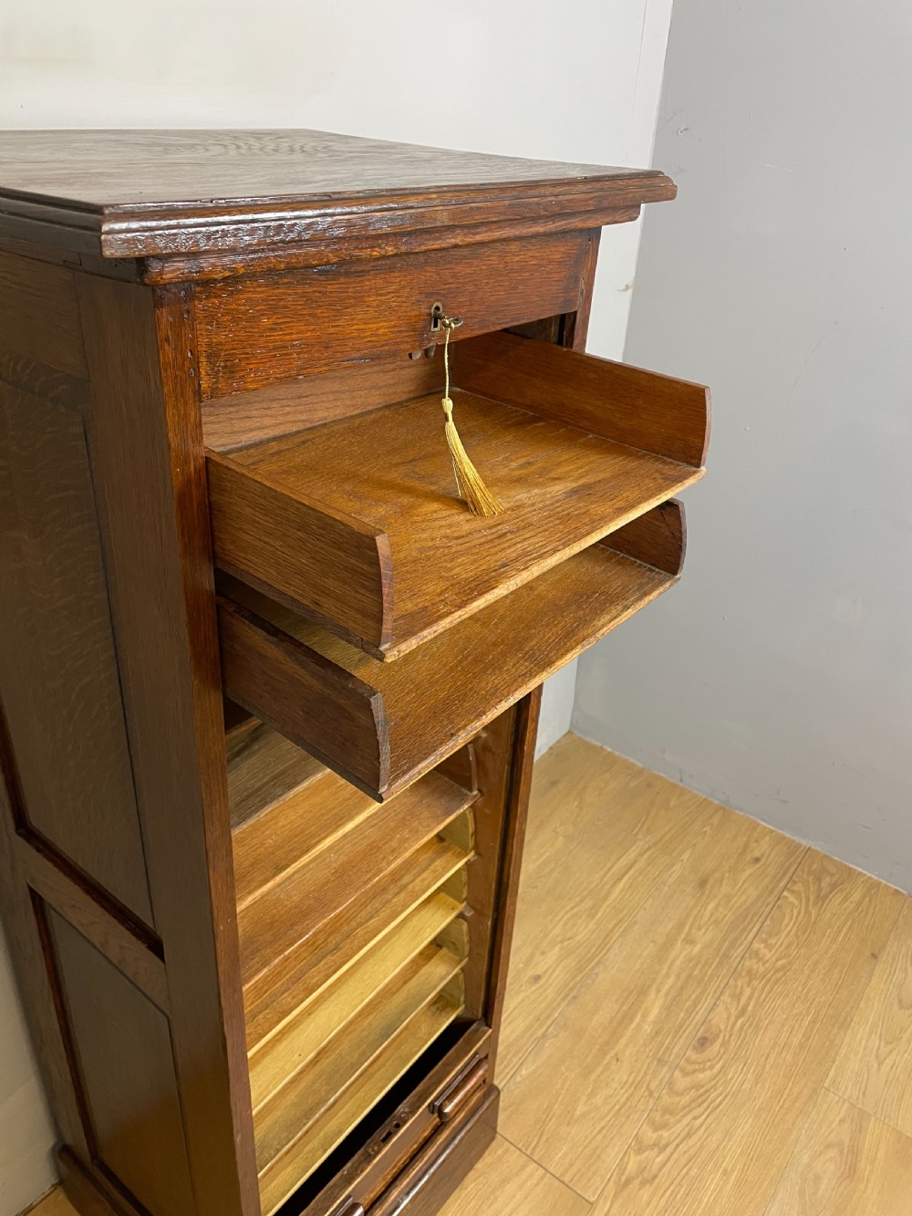 Solid oak tambour fronted filing drawers View IV