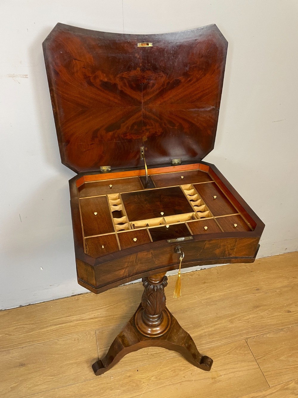 Flame mahogany mid nineteenth century sewing table  View V