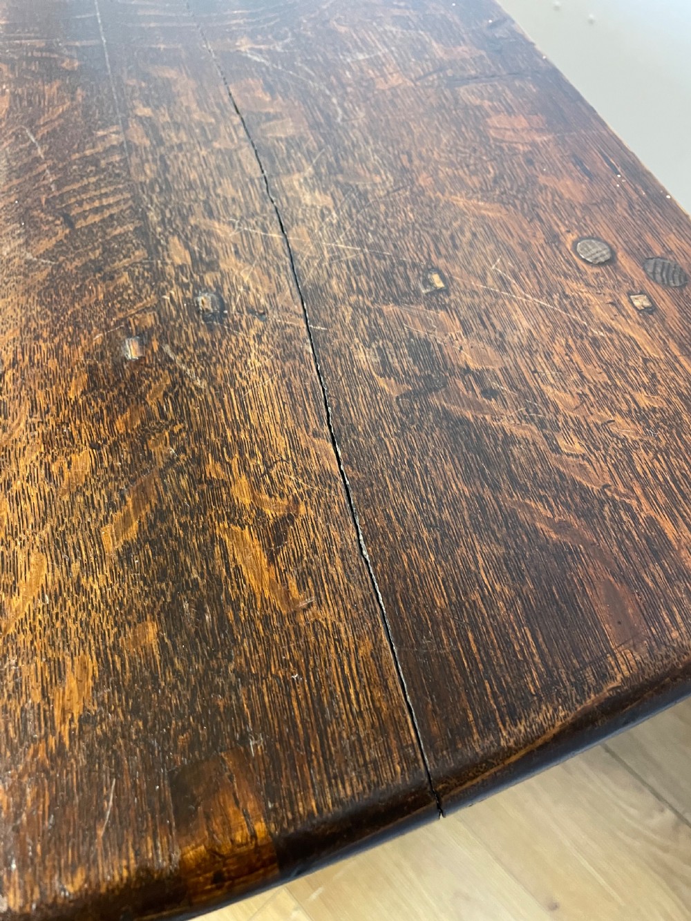 Large early nineteenth century 8 seater oak drop leaf dining table  View XI