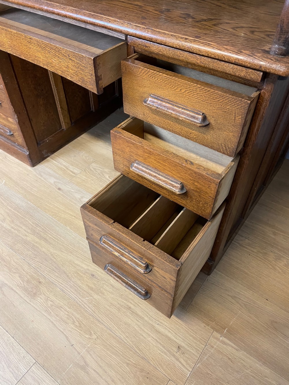 Oak twin pedestal roll top desk circa 1920 View IV