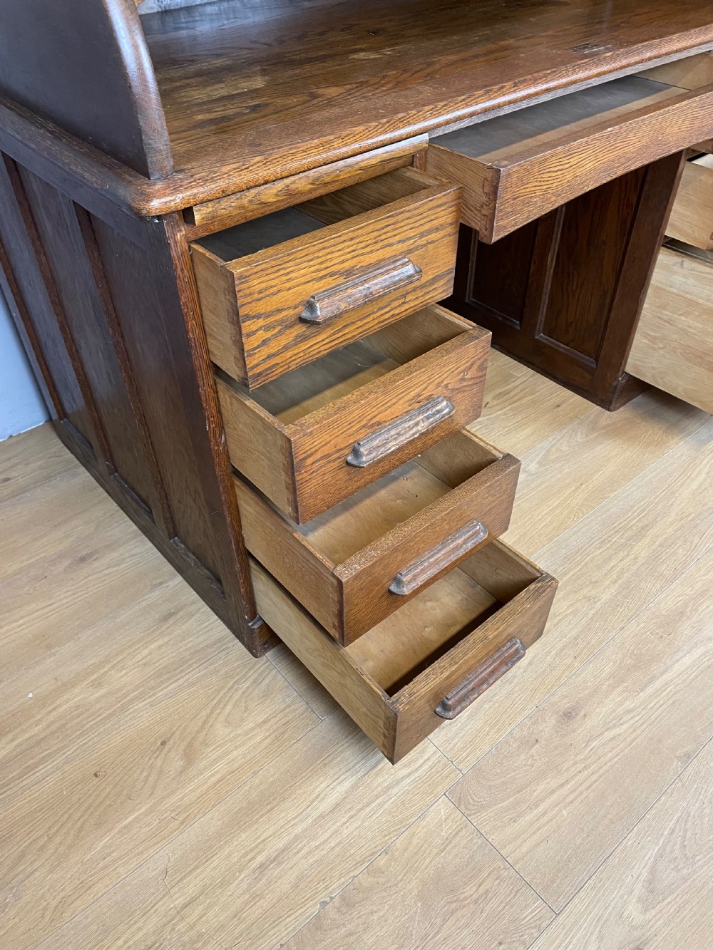 Oak twin pedestal roll top desk circa 1920 View V